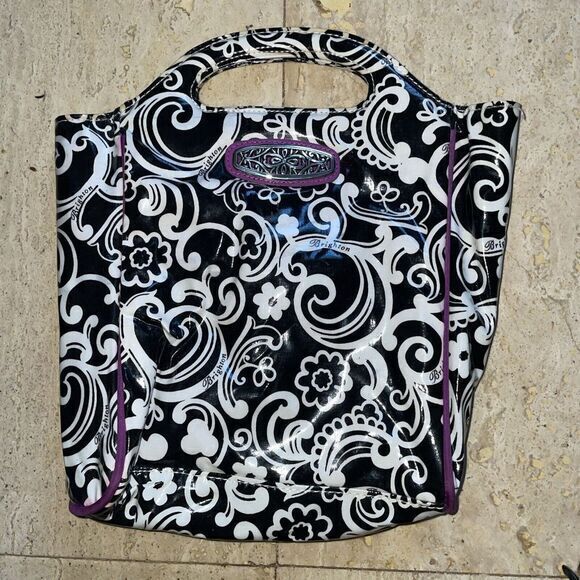 BRIGHTON BLACK & WHITE PRINT WOMEN'S HANDBAG -‎ VINYL COATED W/WATERPROOF LINING - Picture 1 of 7